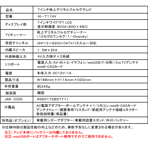 AI711HV製品仕様